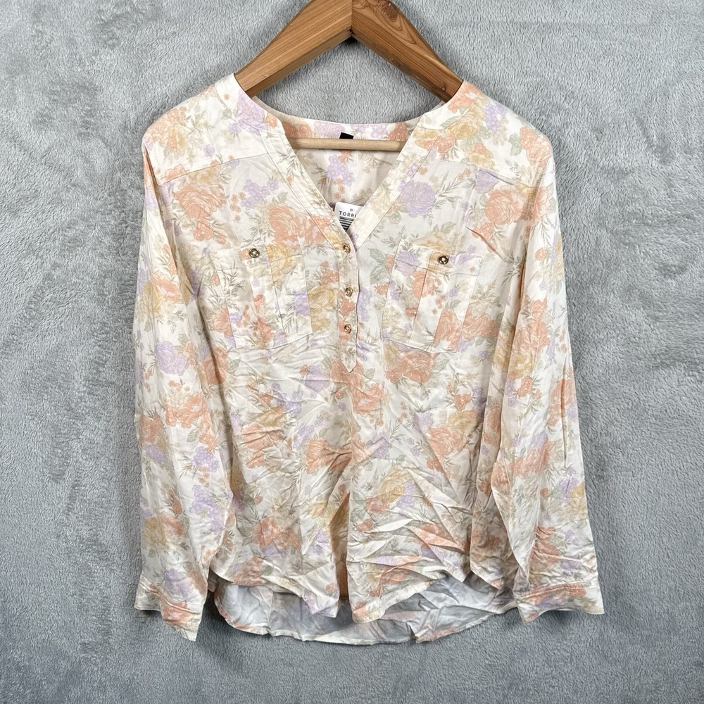 Torrid Harper Lush Floral Dew Henley Blouse 1X Pastel Cottagecore 41596083 NWT